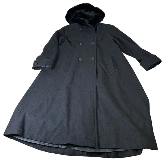 Vintage 90s DONNYBROOK Womens Full Length Wool Hooded Coat Rabbit Fur Trim Hood